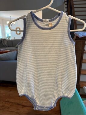 Striped Blue & White Baby Romper TBBC Patton play